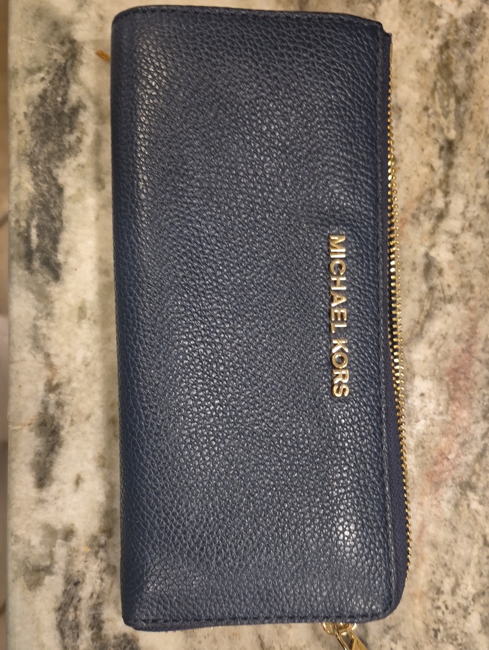 Michael Kors Pebbled Navy Leather Zip Wallet with Gold Logo